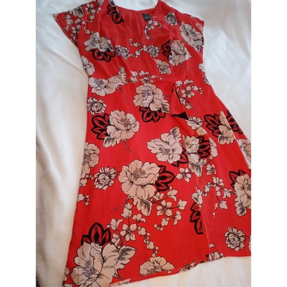 Adrianna Papell Red Floral Mock Wrap Midi Dress Ruffle Short Sleeves Size 16W - Picture 8 of 14